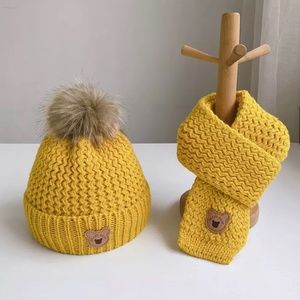 LAST ONE! Kids Mustard Yellow Knit Pom Pom Beanie Hat & Scarf Set 1-5T